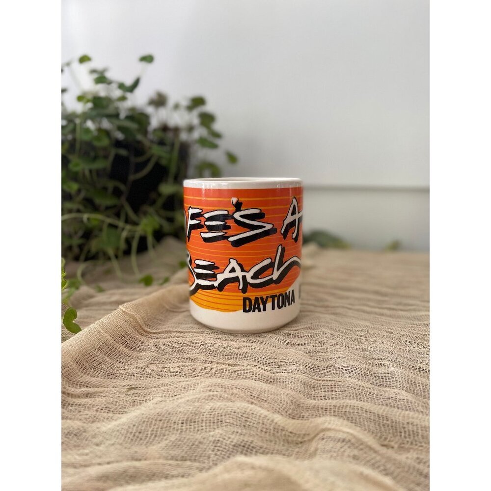 Life’s A Beach Daytona Beach orange ceramic mug retro coffee‎ cup souvenir 80s
